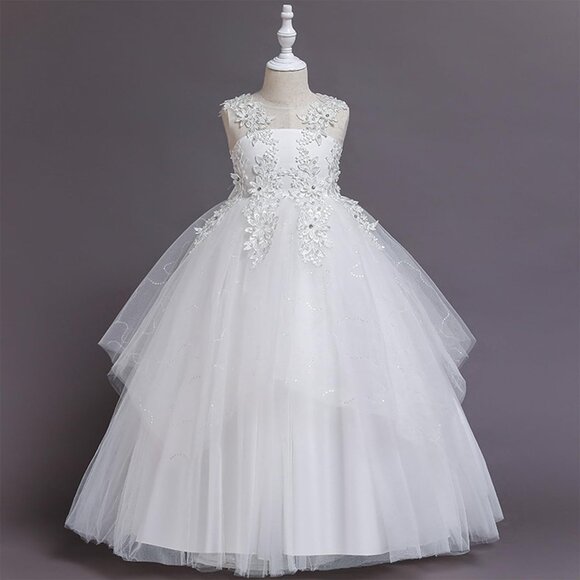 🆕Girls White Tulle Polyester Flower Dress Wedding Lace Embroidery Father Dance - Picture 1 of 8